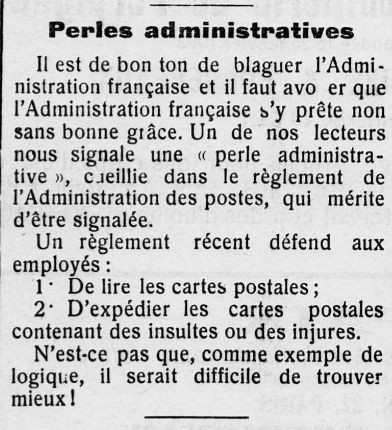 1912: quand l'administration française défend aux employés de lire les cartes postales et d'expédier les cartes postales contenant des insultes ou injures.