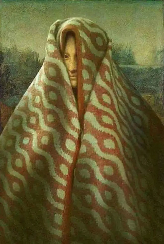 La Joconde (Mona Lisa) sous une couverture polaire.