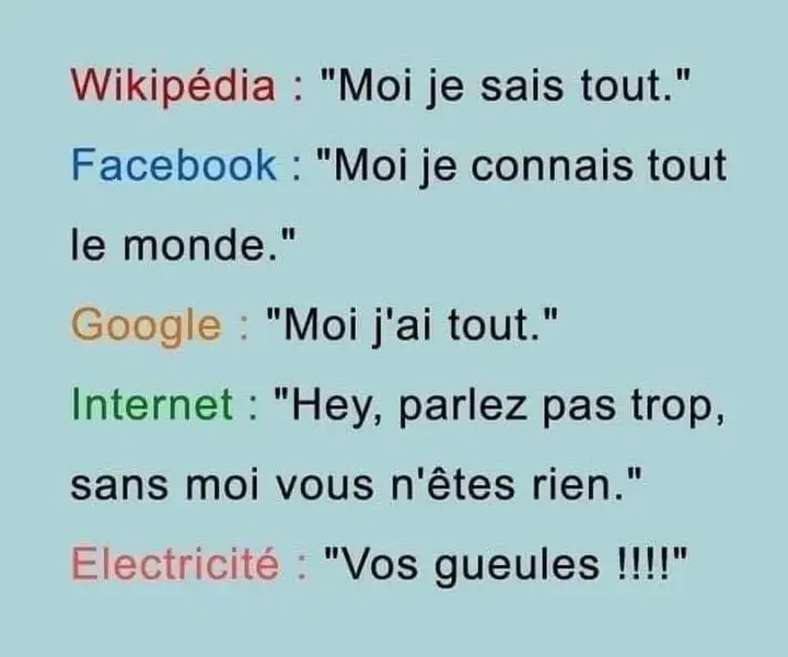 Wikipedia, Facebook, Google, Internet et l'électricité.