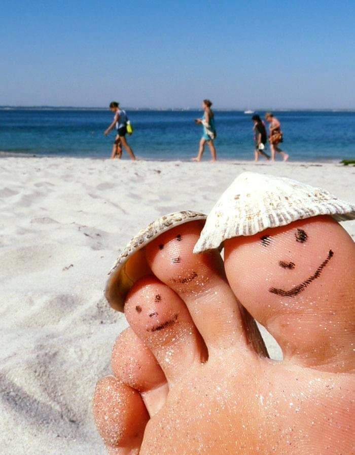 Doigts de pied avec chapeaux en coquillage sur la plage.