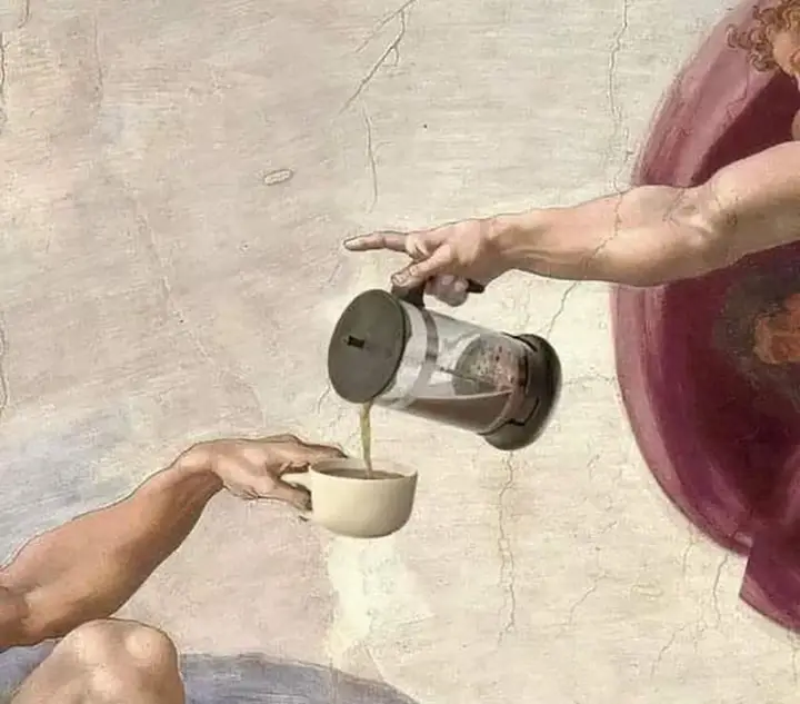 Fresque La Création d'Adam de Michel-Ange (main avec cafetière).