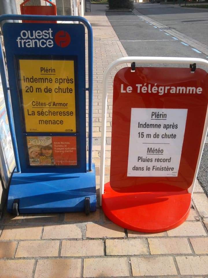 Ouest France: Indemne après 20m de chute. Le Télégramme: Indemne après 15 m de chute.