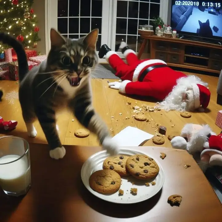 Père Noël par terre avec un chat énervé