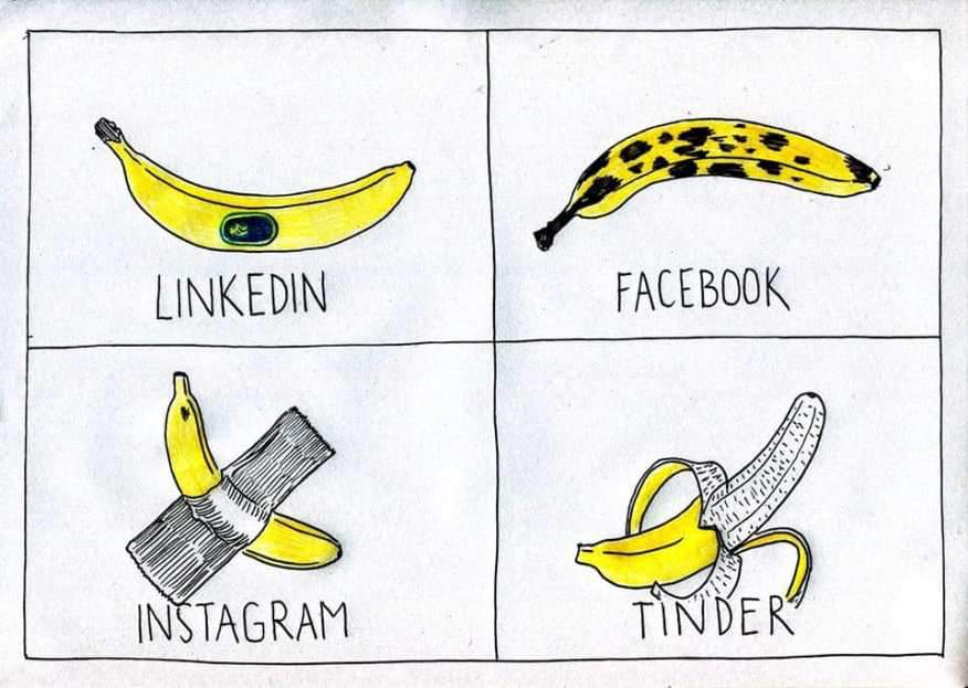 Réseaux sociaux résumés avec une banane: Linkedin, Facebook, Instagram, Tinder.